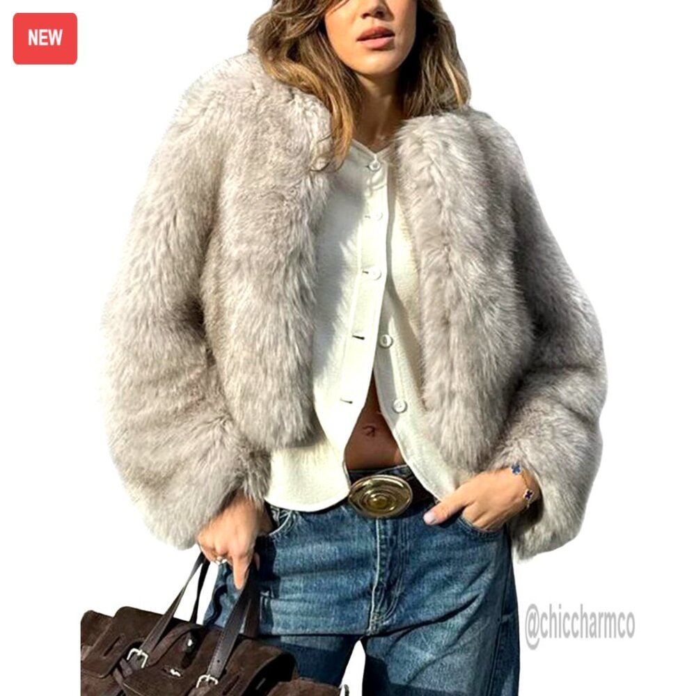 Faux Fur Coat Cropped Jacket Fluffy Long Sleeve Open Front Winter Outerwear